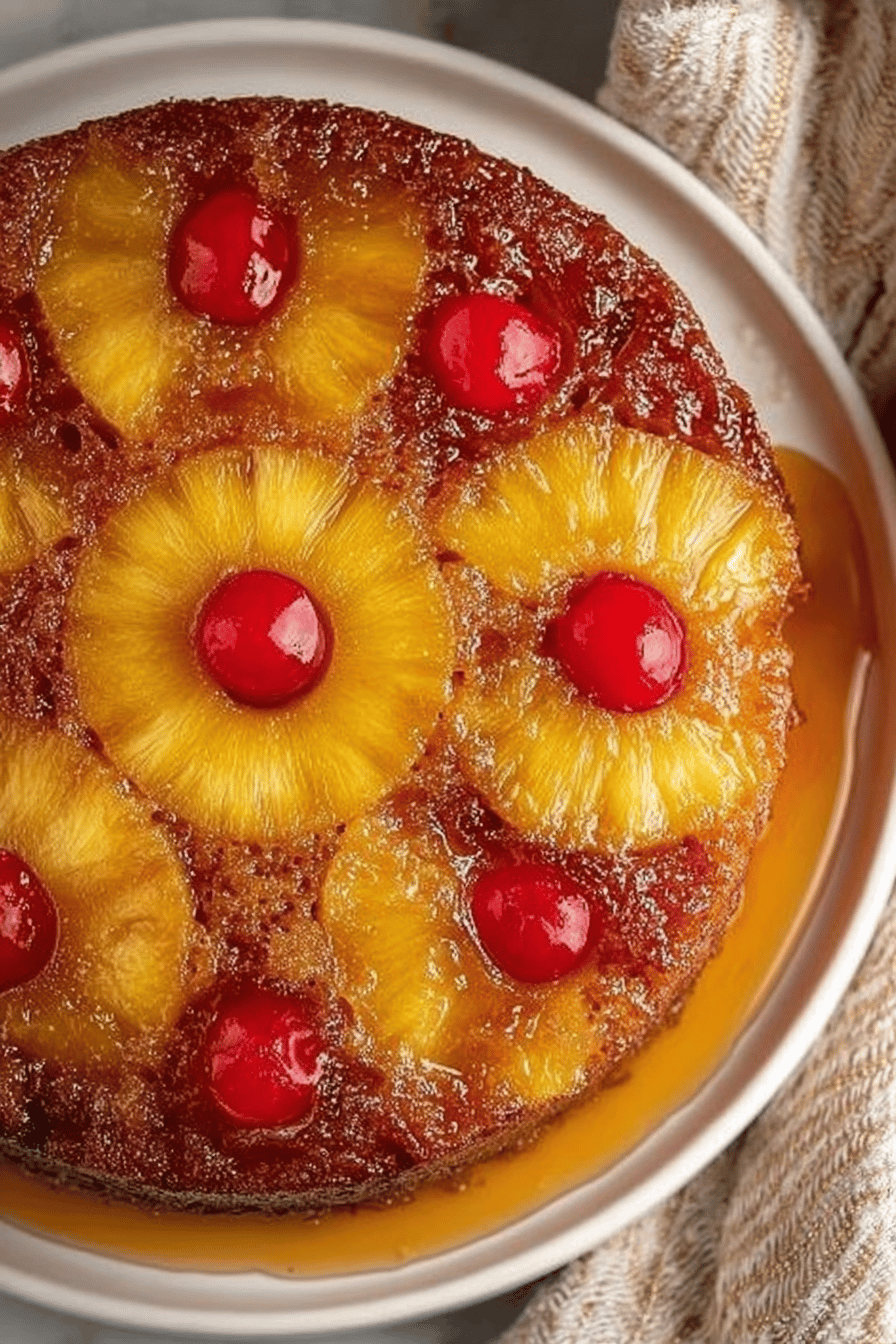 Pineapple Upside-Down Cake Recipe slice on plate showing perfect texture and swirl pattern