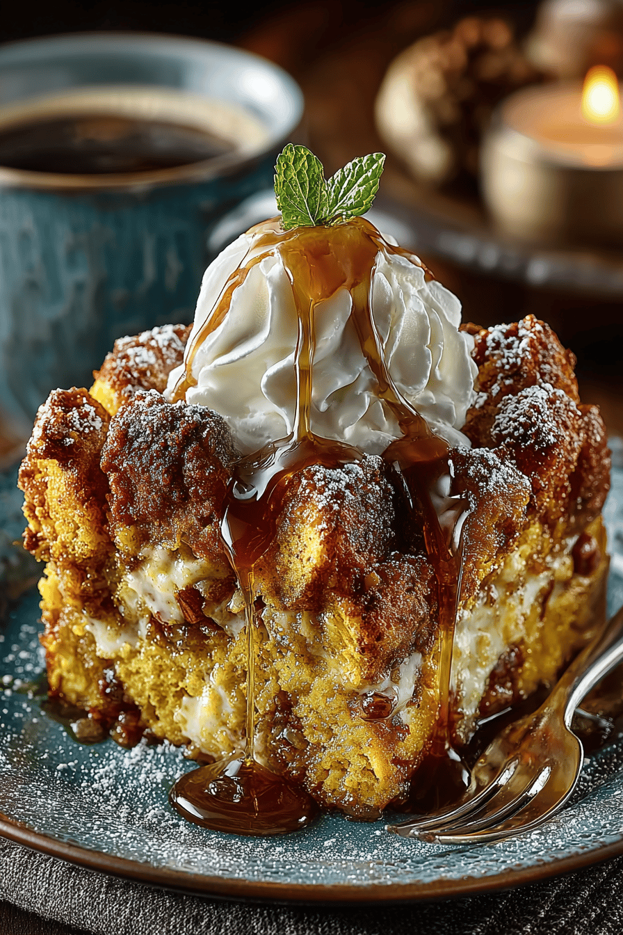 Pumpkin Pecan Bread Pudding Recipe slice on plate showing perfect texture and swirl pattern