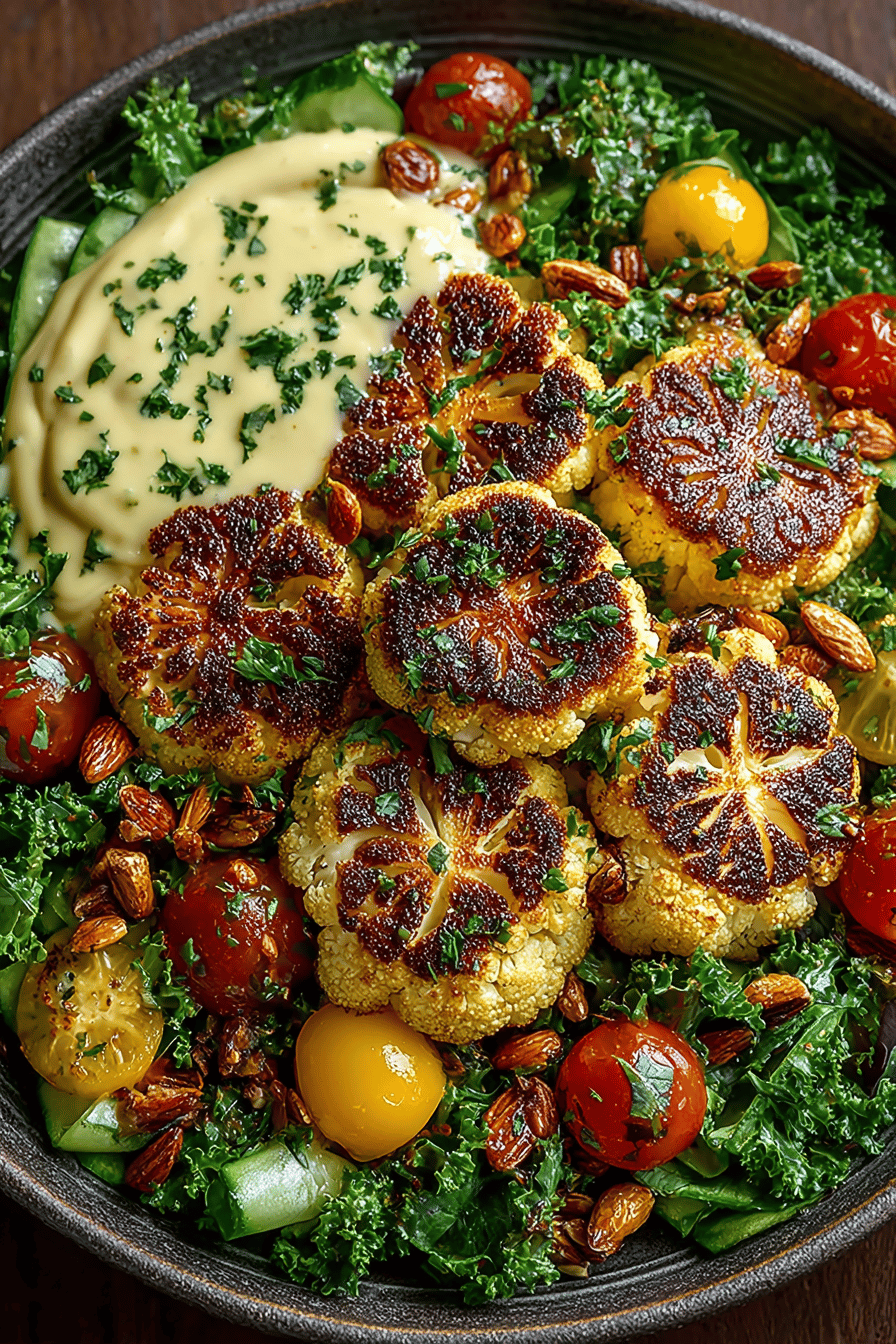 Roasted Cauliflower Salad Recipe with Lemon Tahini Dressing final dish beautifully presented and ready to serve