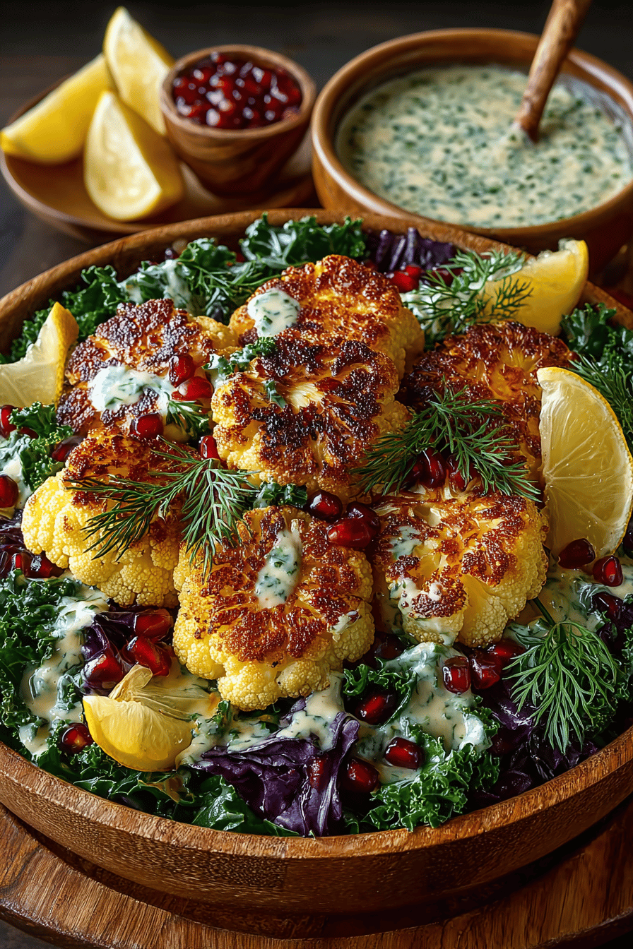 Roasted Cauliflower Salad Recipe with Lemon Tahini Dressing slice on plate showing perfect texture and swirl pattern