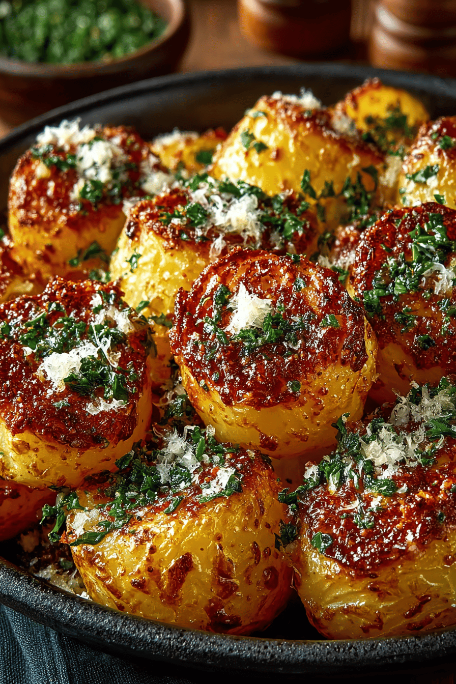 Roasted Potatoes with Browned Butter and Parmesan Recipe slice on plate showing perfect texture and swirl pattern
