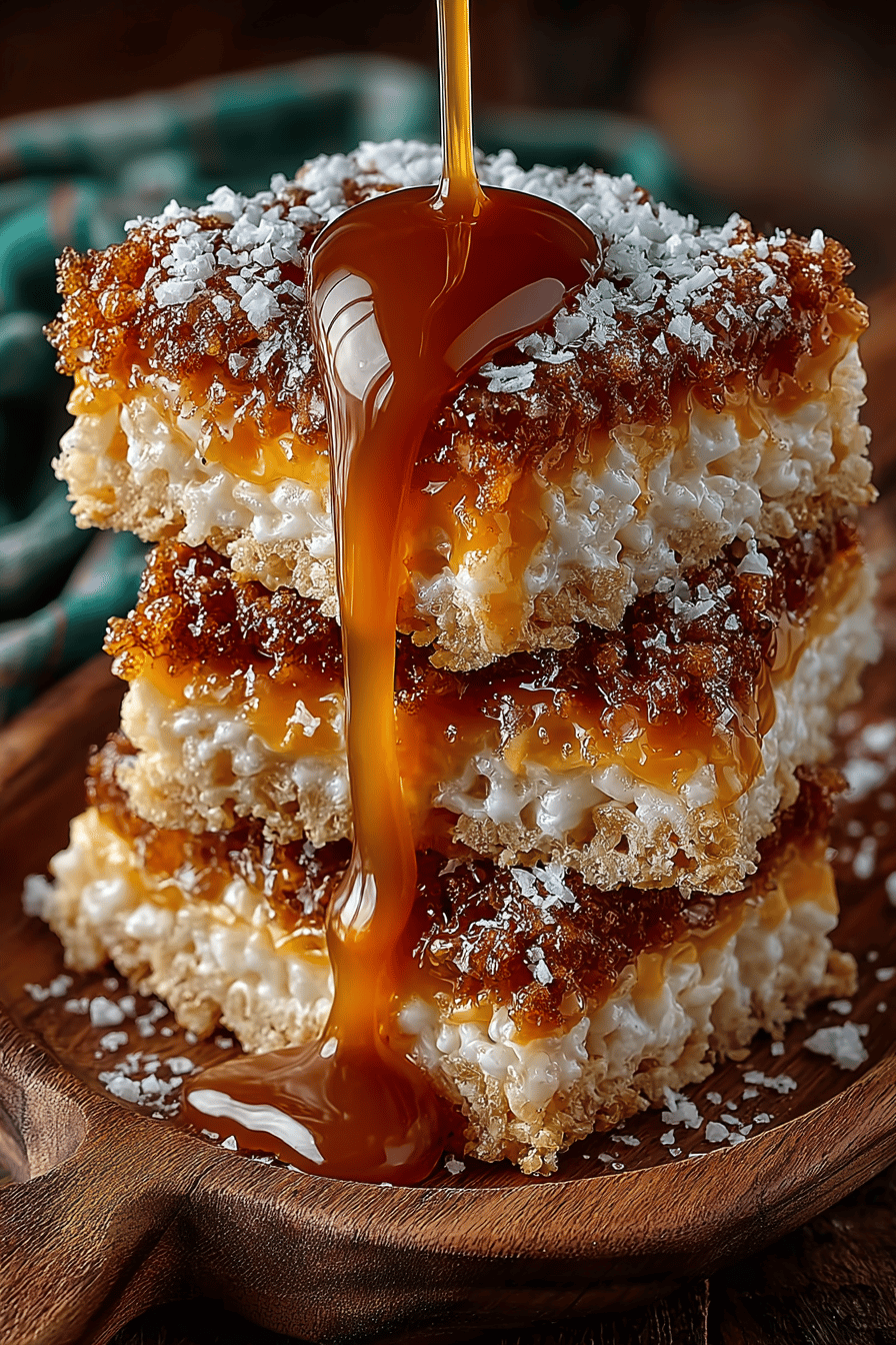 Salted Caramel Rice Krispie Treats Recipe slice on plate showing perfect texture and swirl pattern