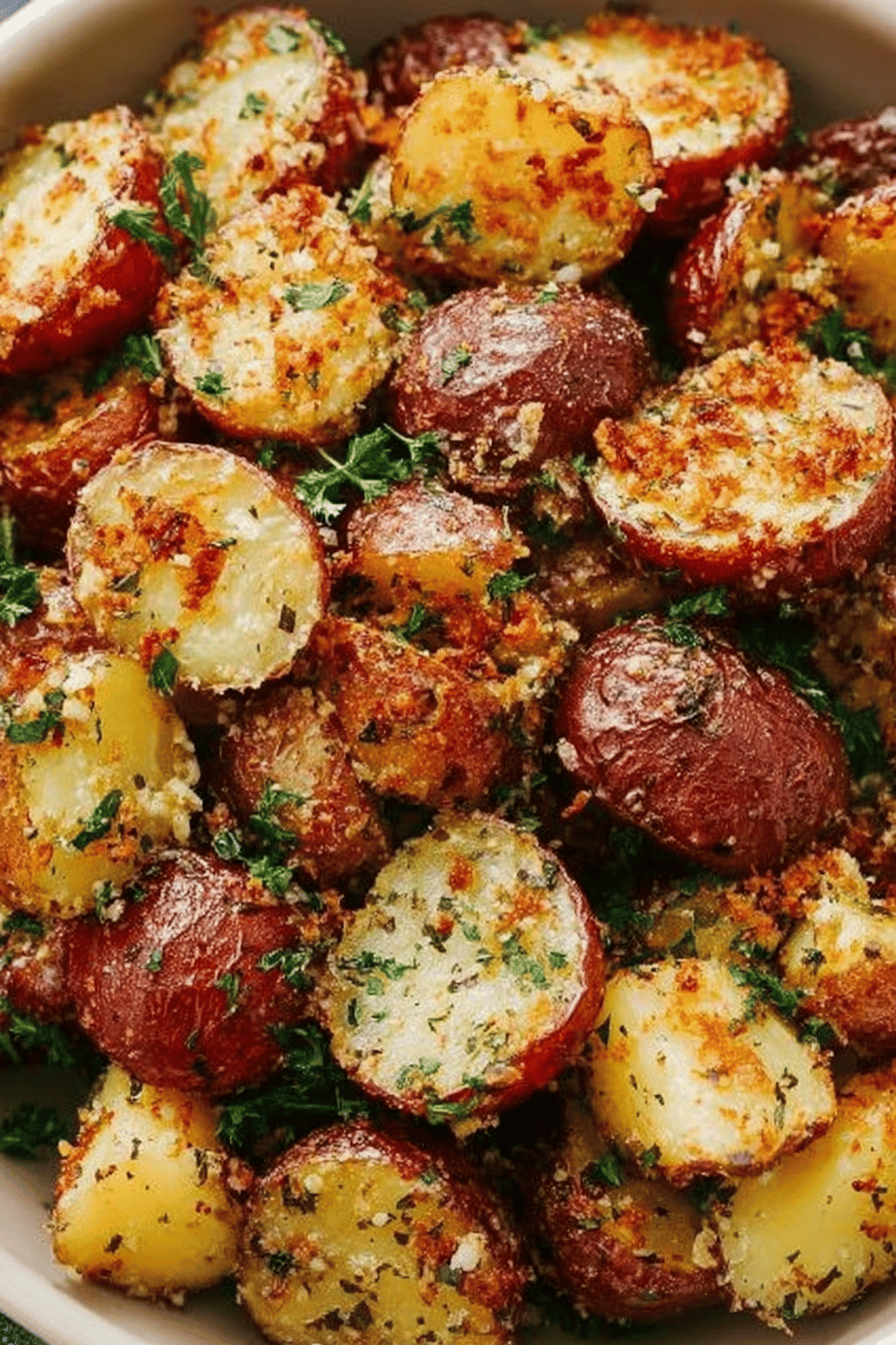 Savory Roasted Garlic Butter Parmesan Potatoes Recipe ingredients organized and measured on kitchen counter
