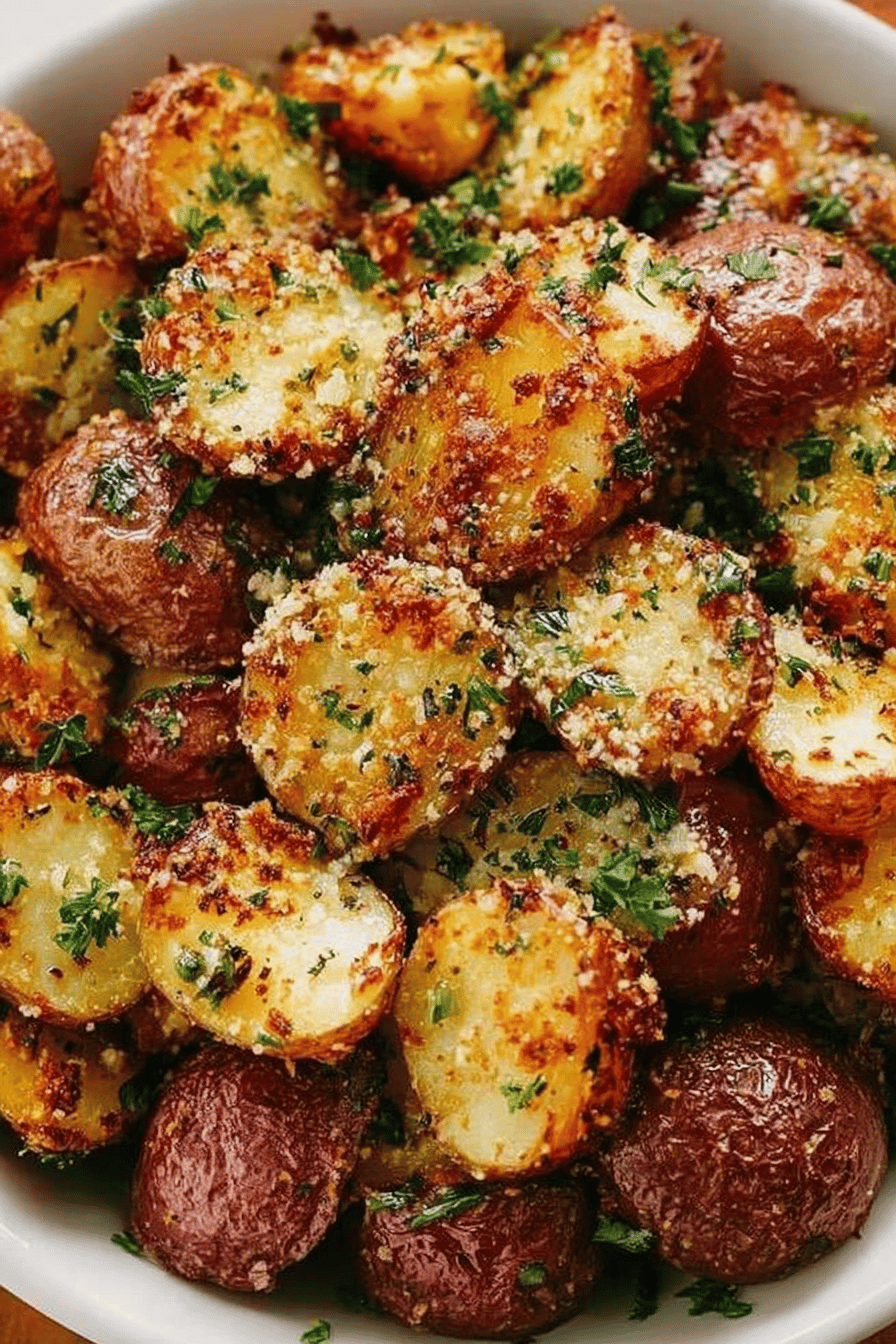 Savory Roasted Garlic Butter Parmesan Potatoes Recipe slice on plate showing perfect texture and swirl pattern