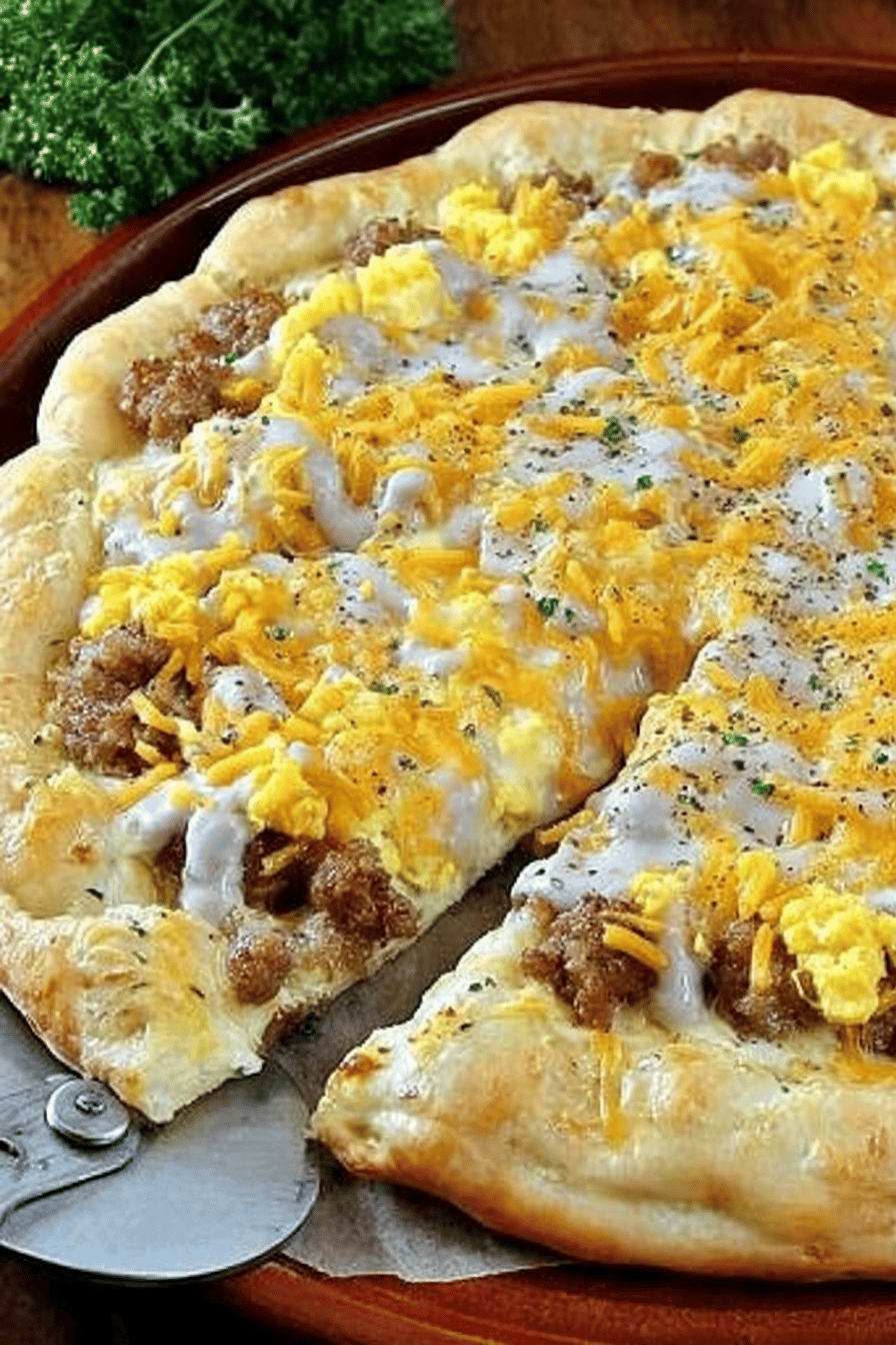 Savory Sausage Gravy Breakfast Pizza Recipe final dish beautifully presented and ready to serve