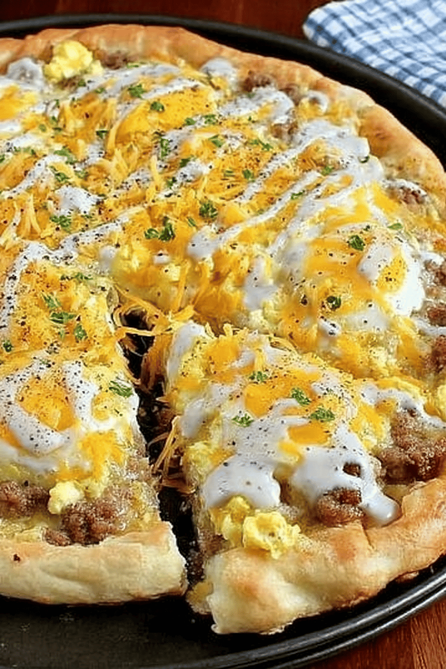 Savory Sausage Gravy Breakfast Pizza Recipe slice on plate showing perfect texture and swirl pattern