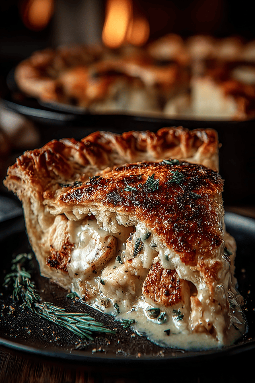Scrumptious Homemade Chicken Pot Pie Recipe slice on plate showing perfect texture and swirl pattern