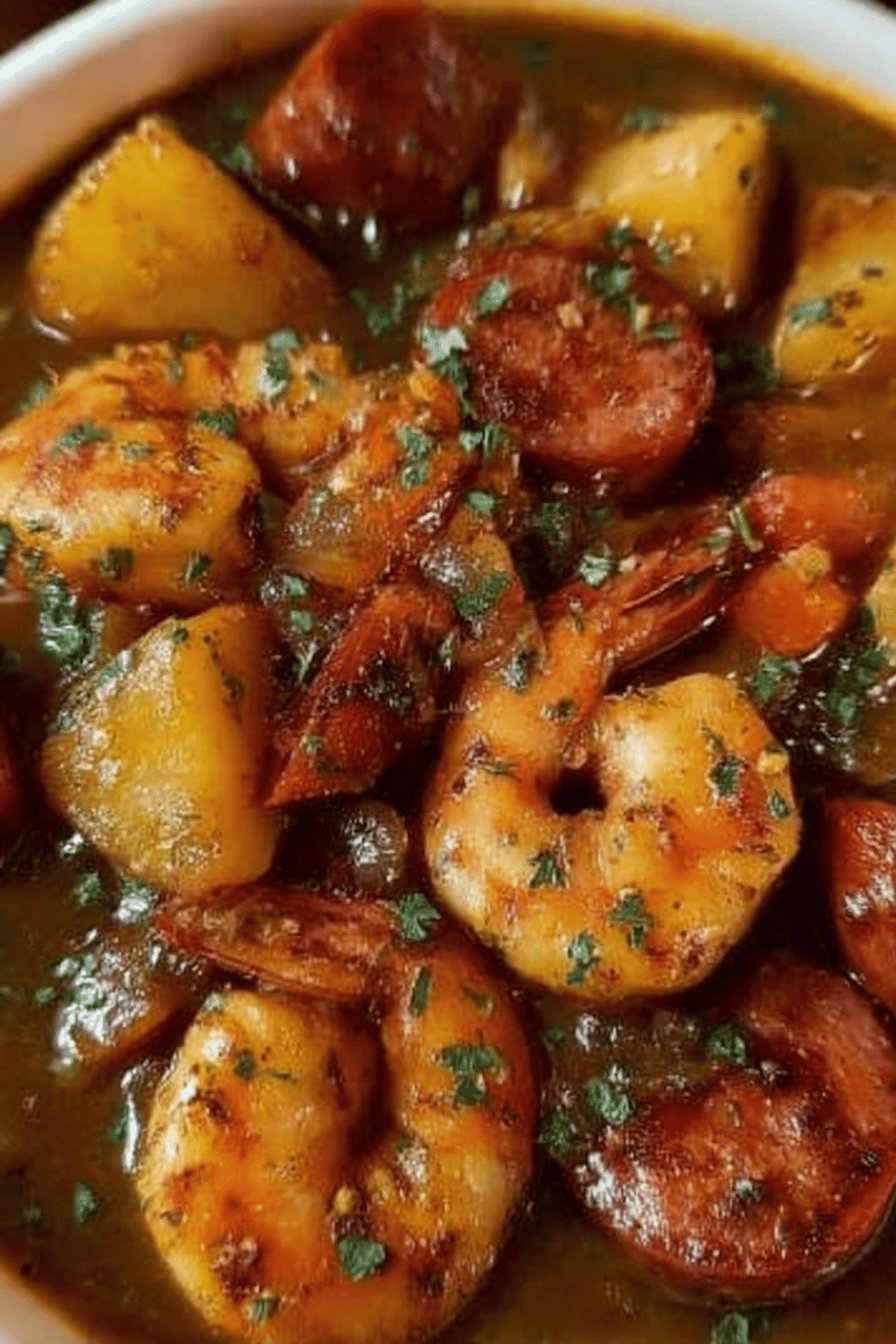 Shrimp, Sausage, and Potato Stew Recipe ingredients organized and measured on kitchen counter