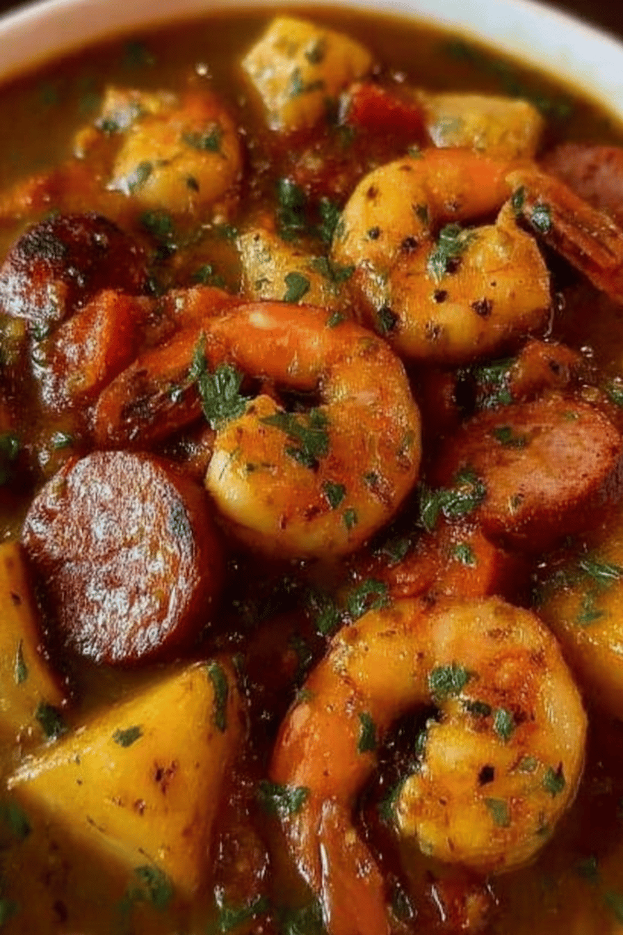 Shrimp, Sausage, and Potato Stew Recipe final dish beautifully presented and ready to serve