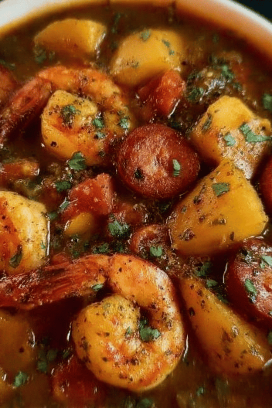 Shrimp, Sausage, and Potato Stew Recipe slice on plate showing perfect texture and swirl pattern