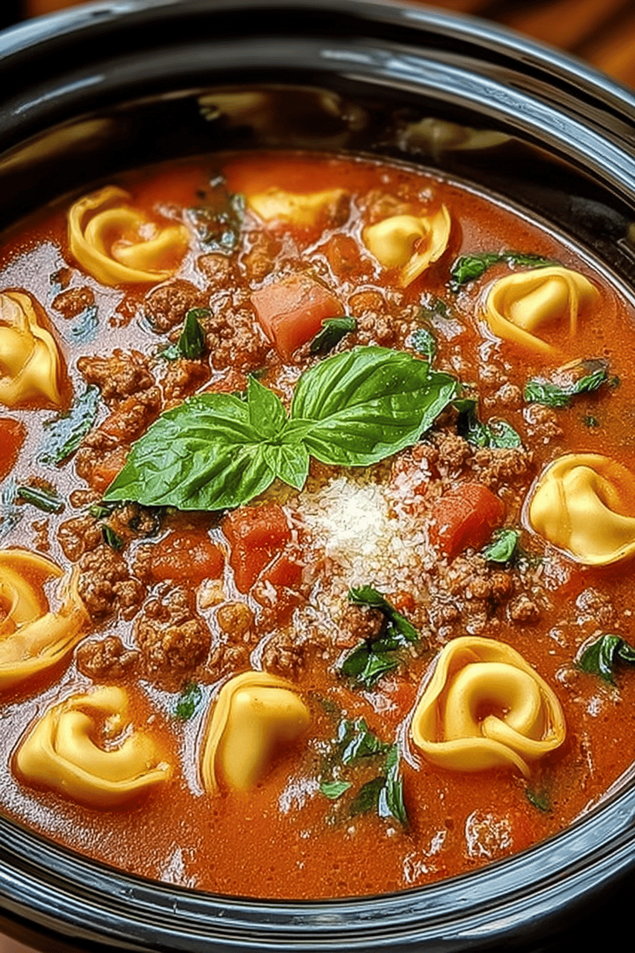 Slow Cooker Tomato Tortellini Soup with Ground Beef Recipe ingredients organized and measured on kitchen counter
