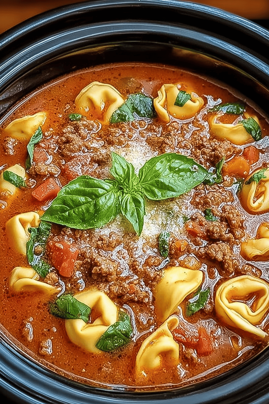Slow Cooker Tomato Tortellini Soup with Ground Beef Recipe slice on plate showing perfect texture and swirl pattern