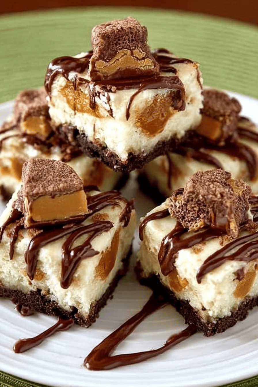 Snickers Cheesecake Bars with Oreo Crust Recipe final dish beautifully presented and ready to serve