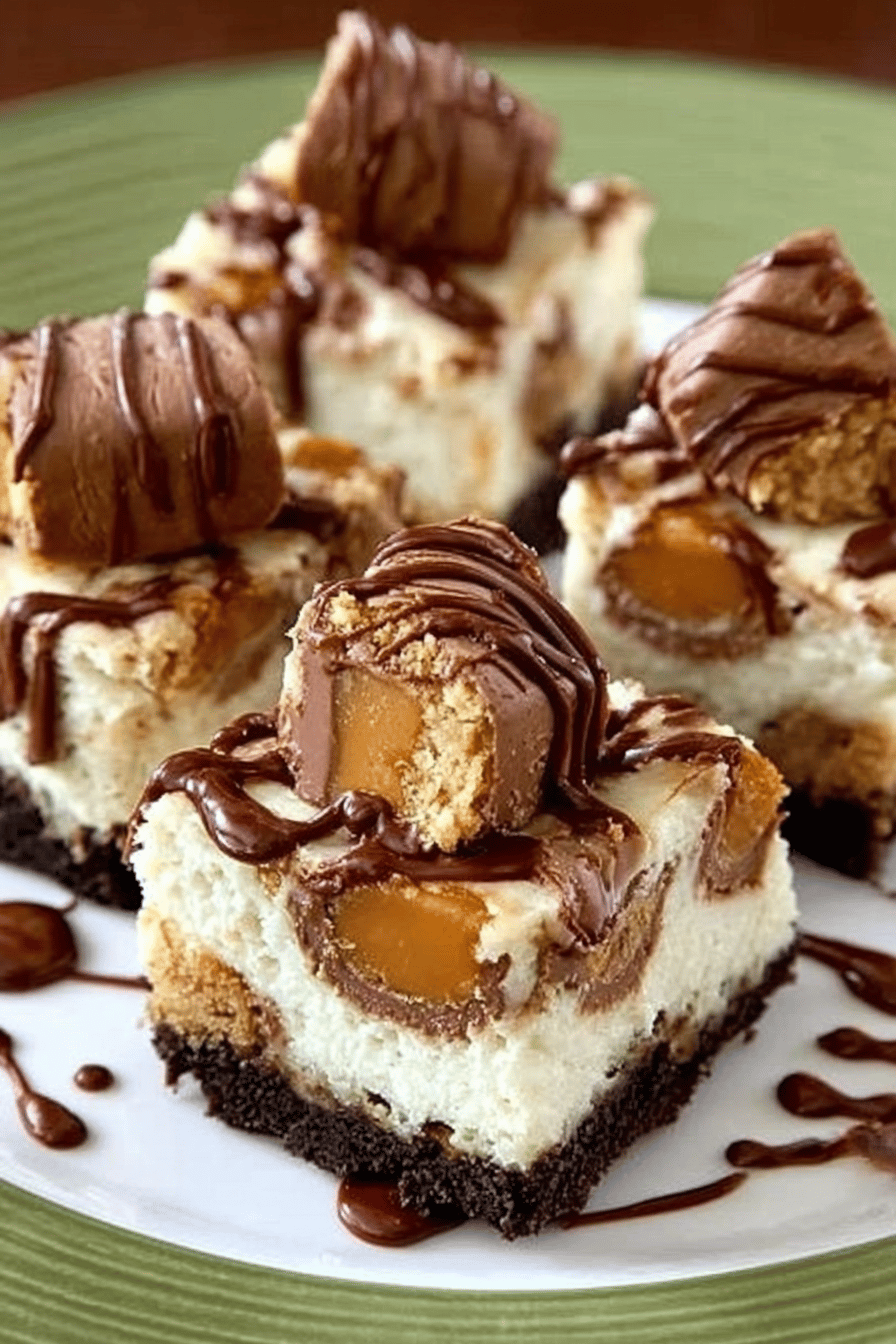Snickers Cheesecake Bars with Oreo Crust Recipe slice on plate showing perfect texture and swirl pattern