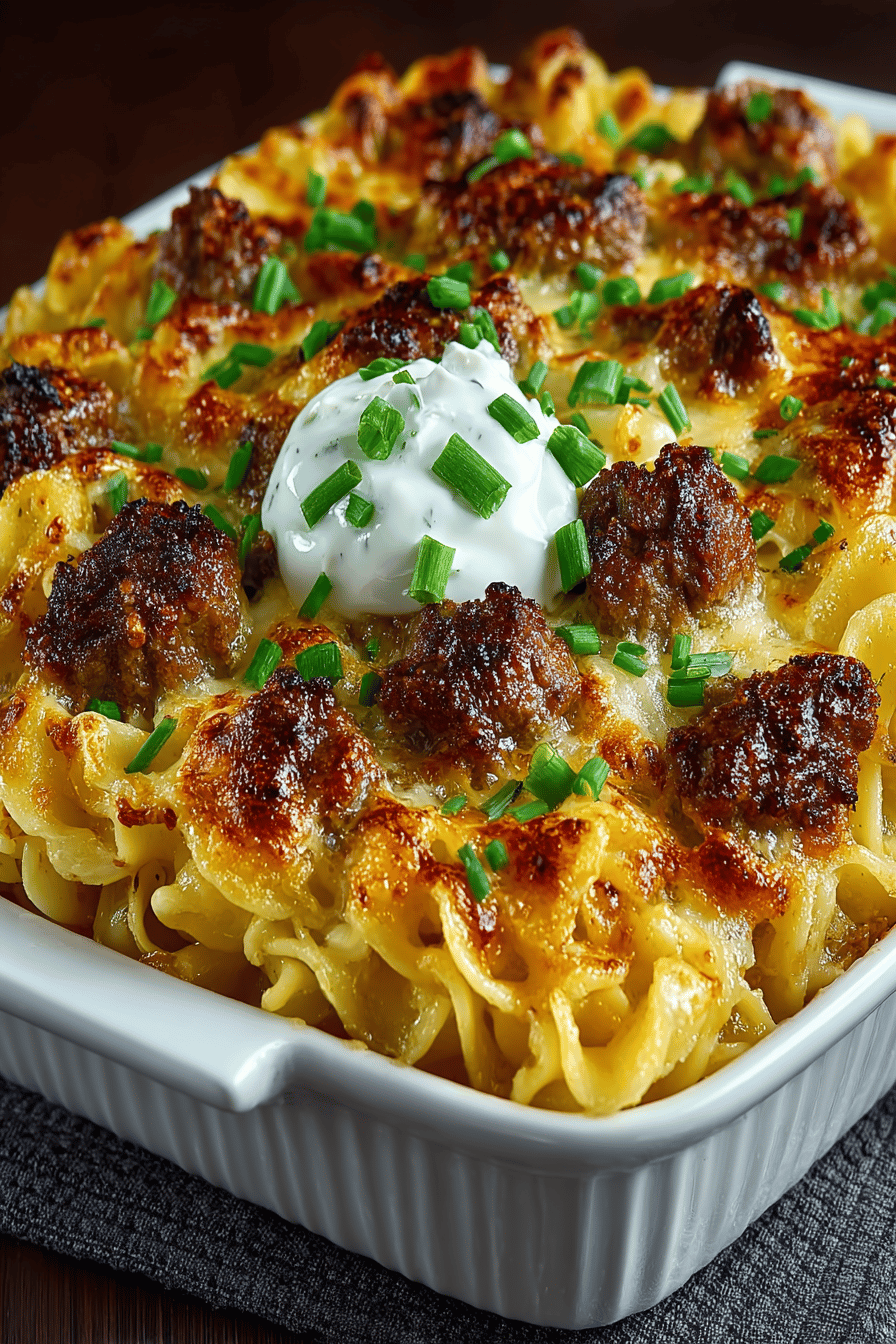 Sour Cream Beef Noodle Casserole Recipe slice on plate showing perfect texture and swirl pattern