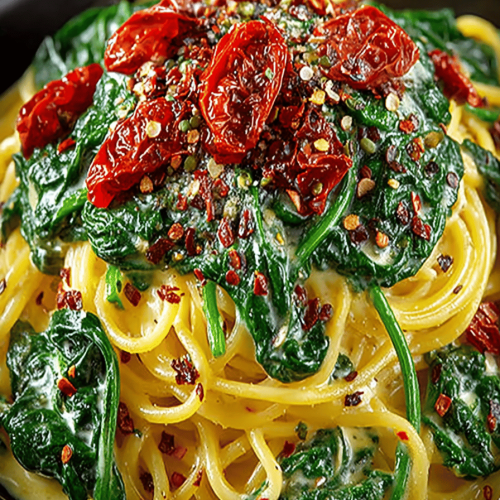 Spaghetti with Spinach and Sun-Dried Tomato Cream Sauce Recipe