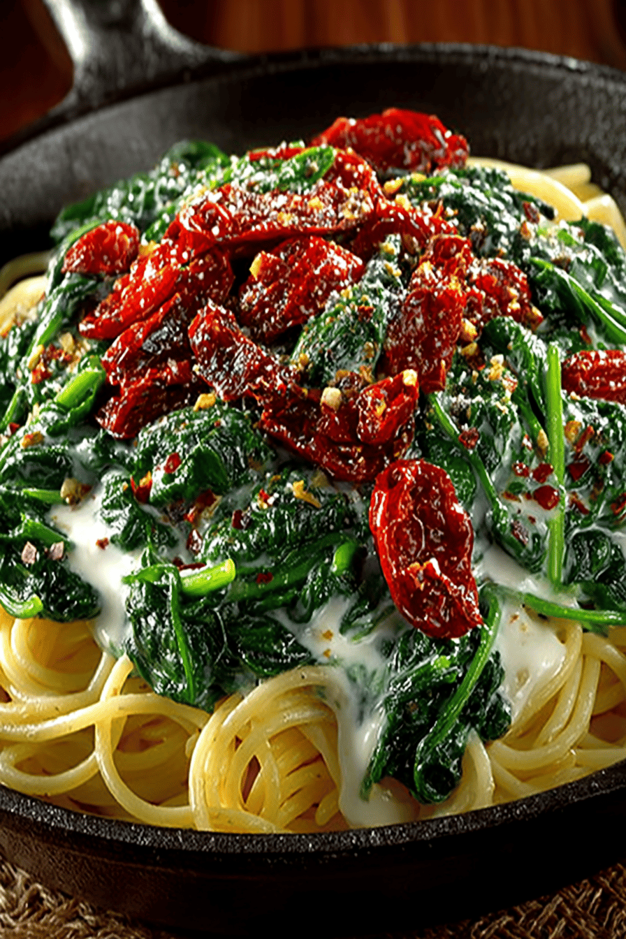 Spaghetti with Spinach and Sun-Dried Tomato Cream Sauce Recipe ingredients organized and measured on kitchen counter