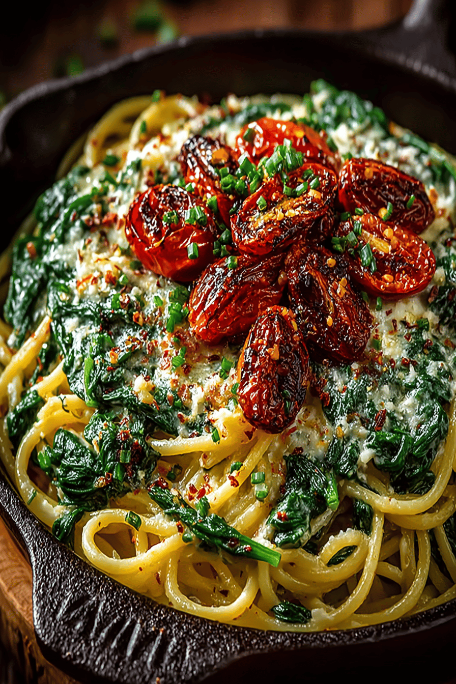 Spaghetti with Spinach and Sun-Dried Tomato Cream Sauce Recipe final dish beautifully presented and ready to serve