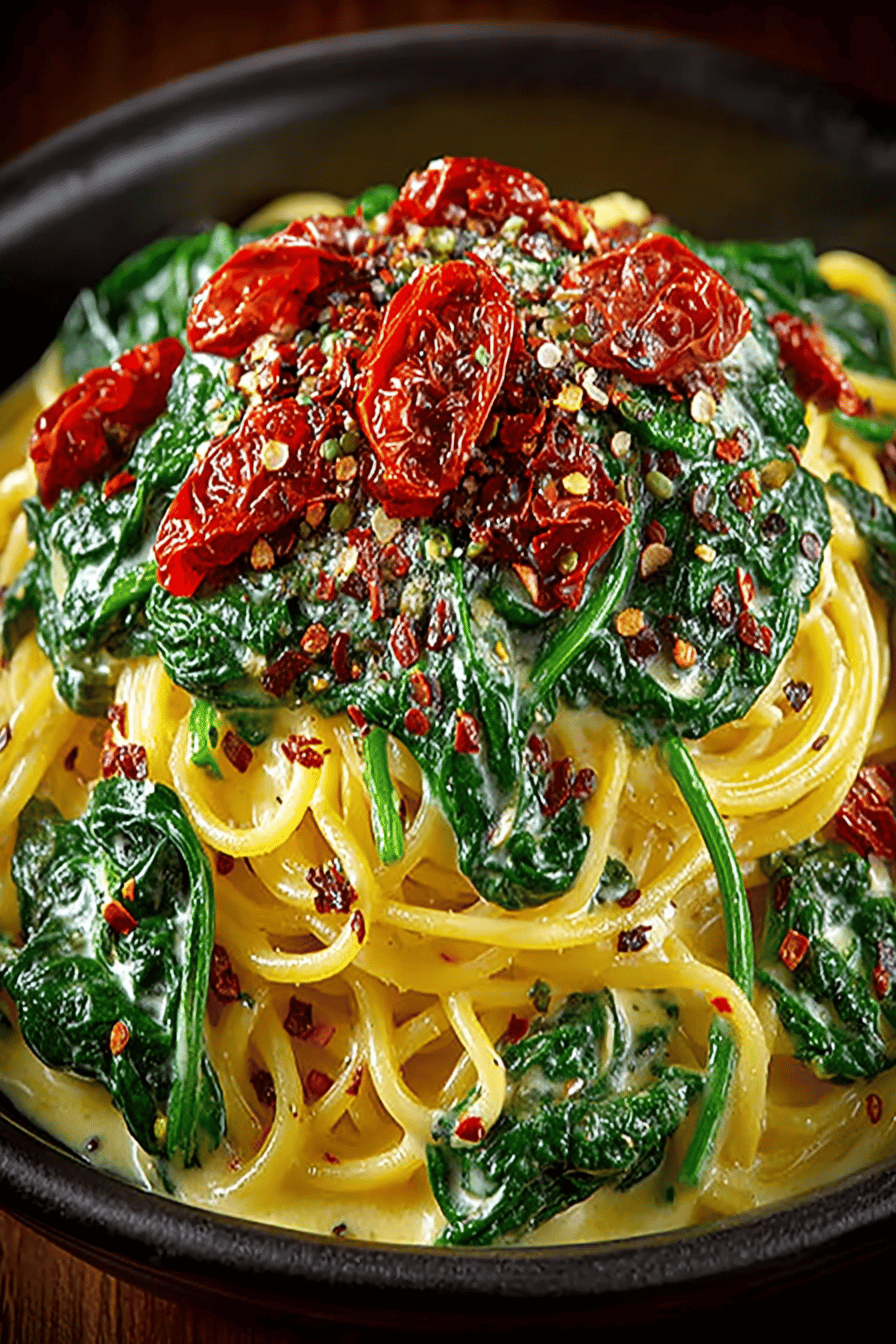 Spaghetti with Spinach and Sun-Dried Tomato Cream Sauce Recipe slice on plate showing perfect texture and swirl pattern