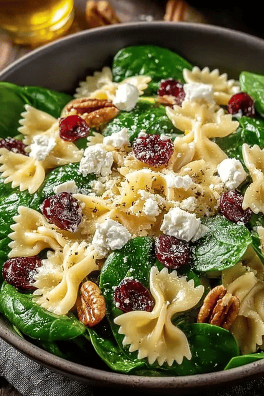 Spinach Pasta Salad Recipe Featuring Feta Cheese and Cranberries ingredients organized and measured on kitchen counter