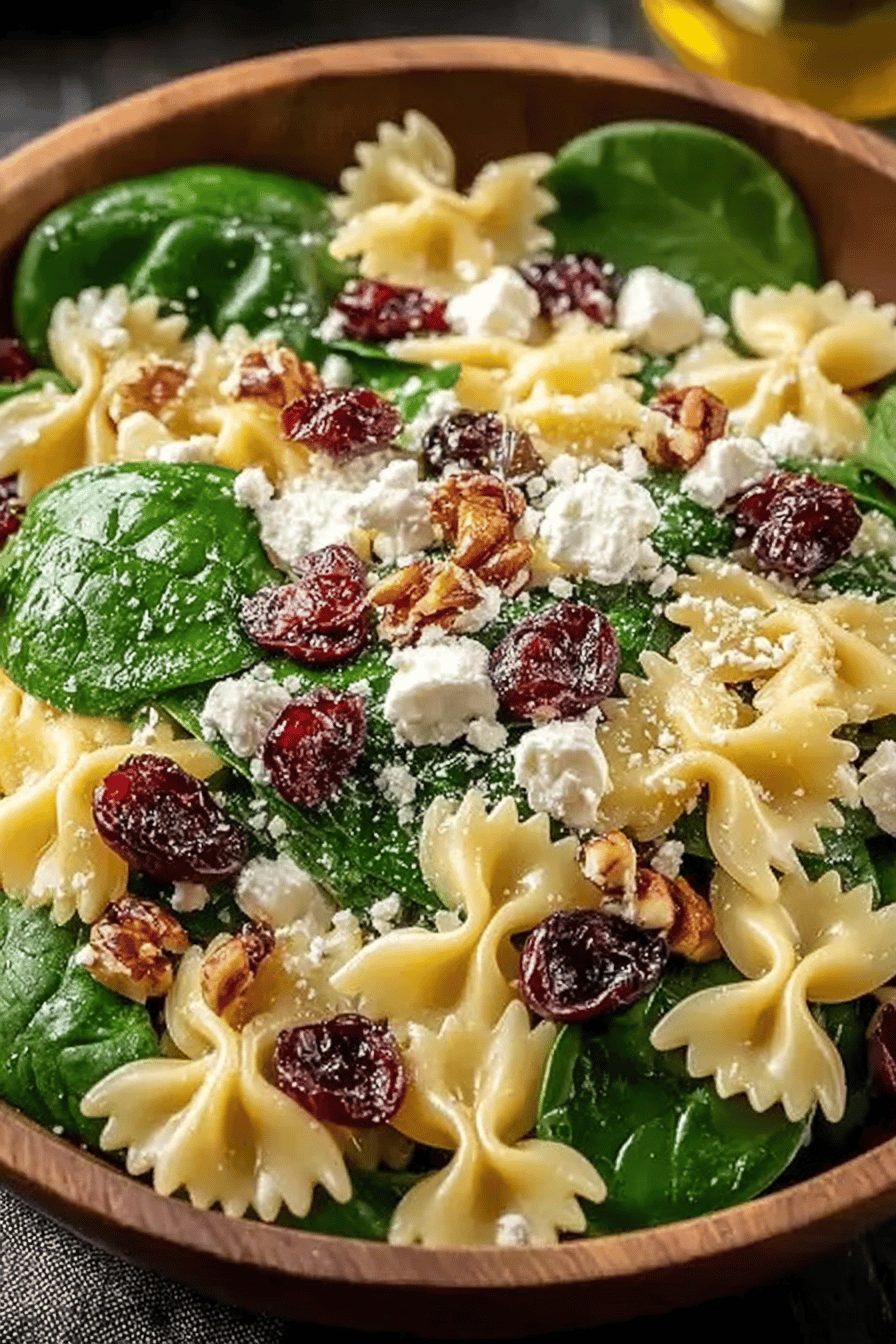 Spinach Pasta Salad Recipe Featuring Feta Cheese and Cranberries final dish beautifully presented and ready to serve