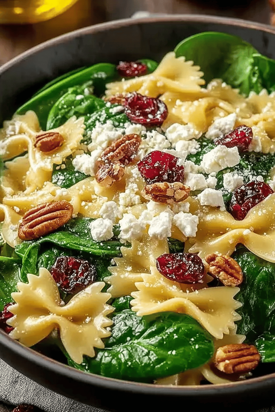 Spinach Pasta Salad Recipe Featuring Feta Cheese and Cranberries slice on plate showing perfect texture and swirl pattern