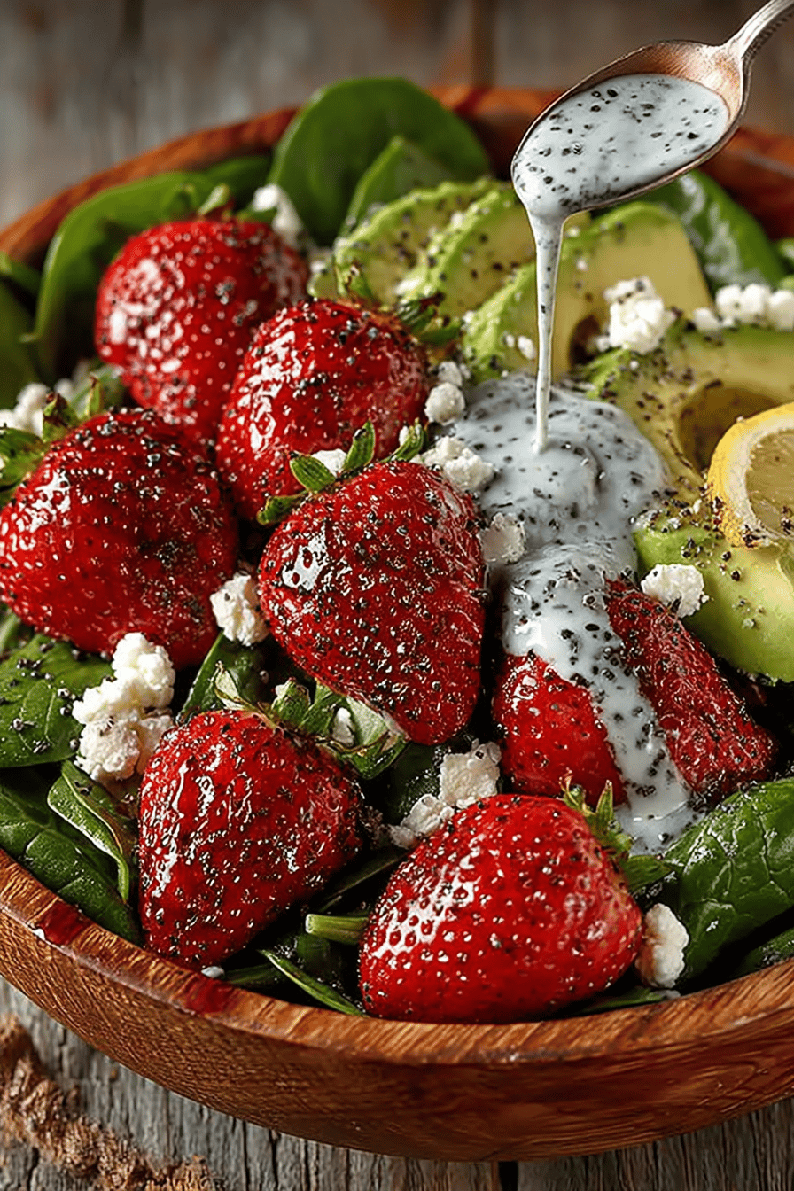 Strawberry Avocado Spinach Salad with Creamy Poppy Seed Dressing Recipe ingredients organized and measured on kitchen counter