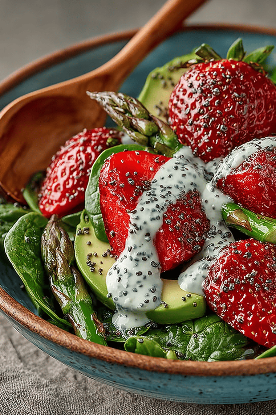 Strawberry Avocado Spinach Salad with Creamy Poppy Seed Dressing Recipe slice on plate showing perfect texture and swirl pattern