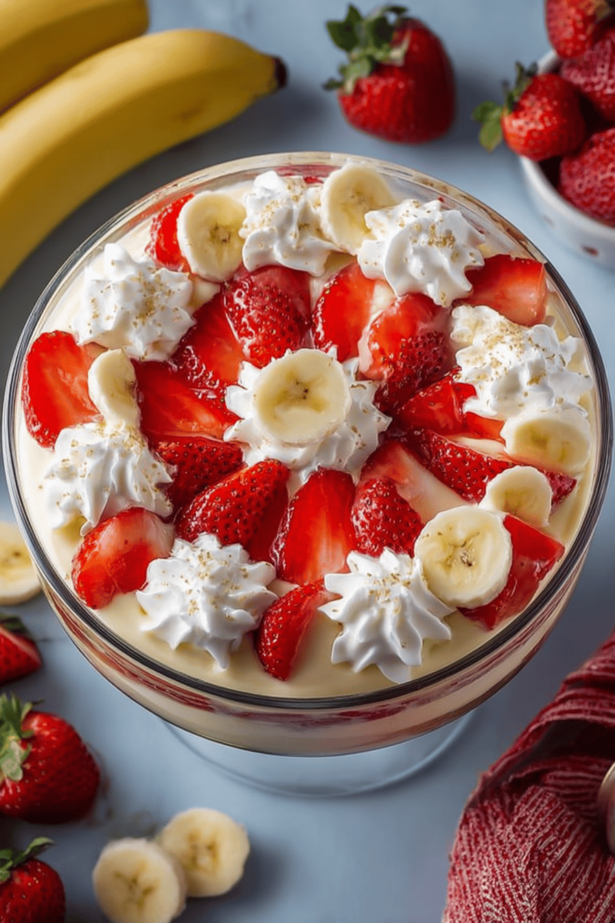Strawberry Banana Pudding Recipe ingredients organized and measured on kitchen counter