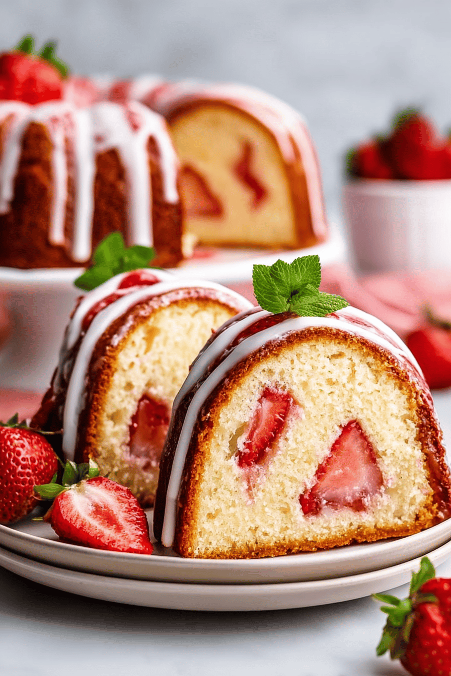 Strawberry Pound Cake Recipe slice on plate showing perfect texture and swirl pattern