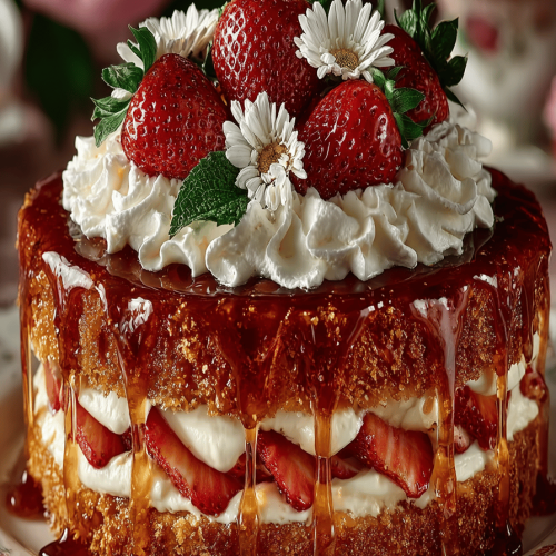 Strawberry Shortcake Cake Topped with Whipped Cream