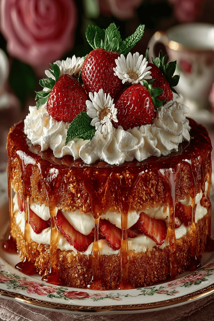 Strawberry Shortcake Cake Topped with Whipped Cream slice on plate showing perfect texture and swirl pattern