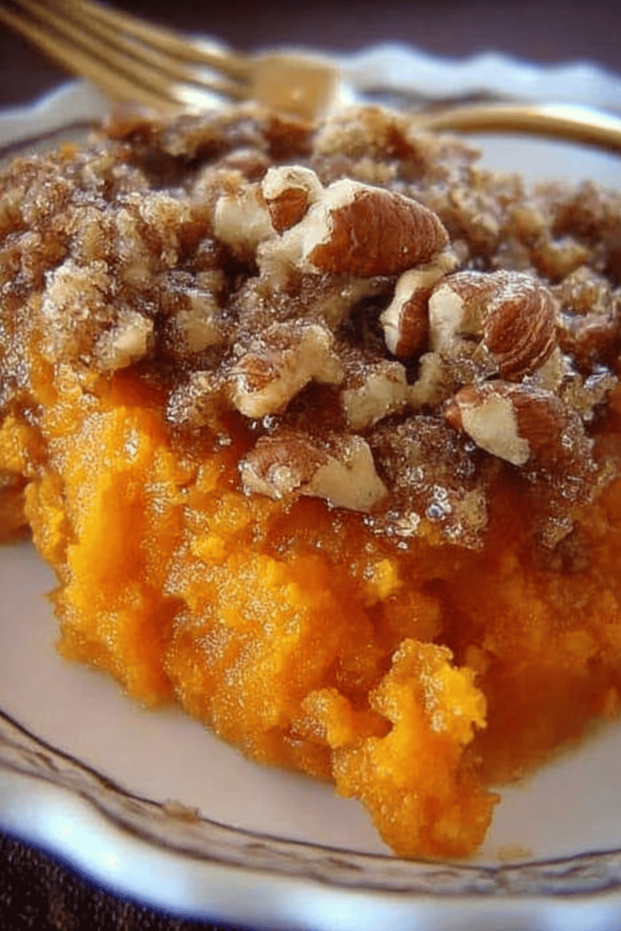 Sweet Potato Casserole Recipe slice on plate showing perfect texture and swirl pattern