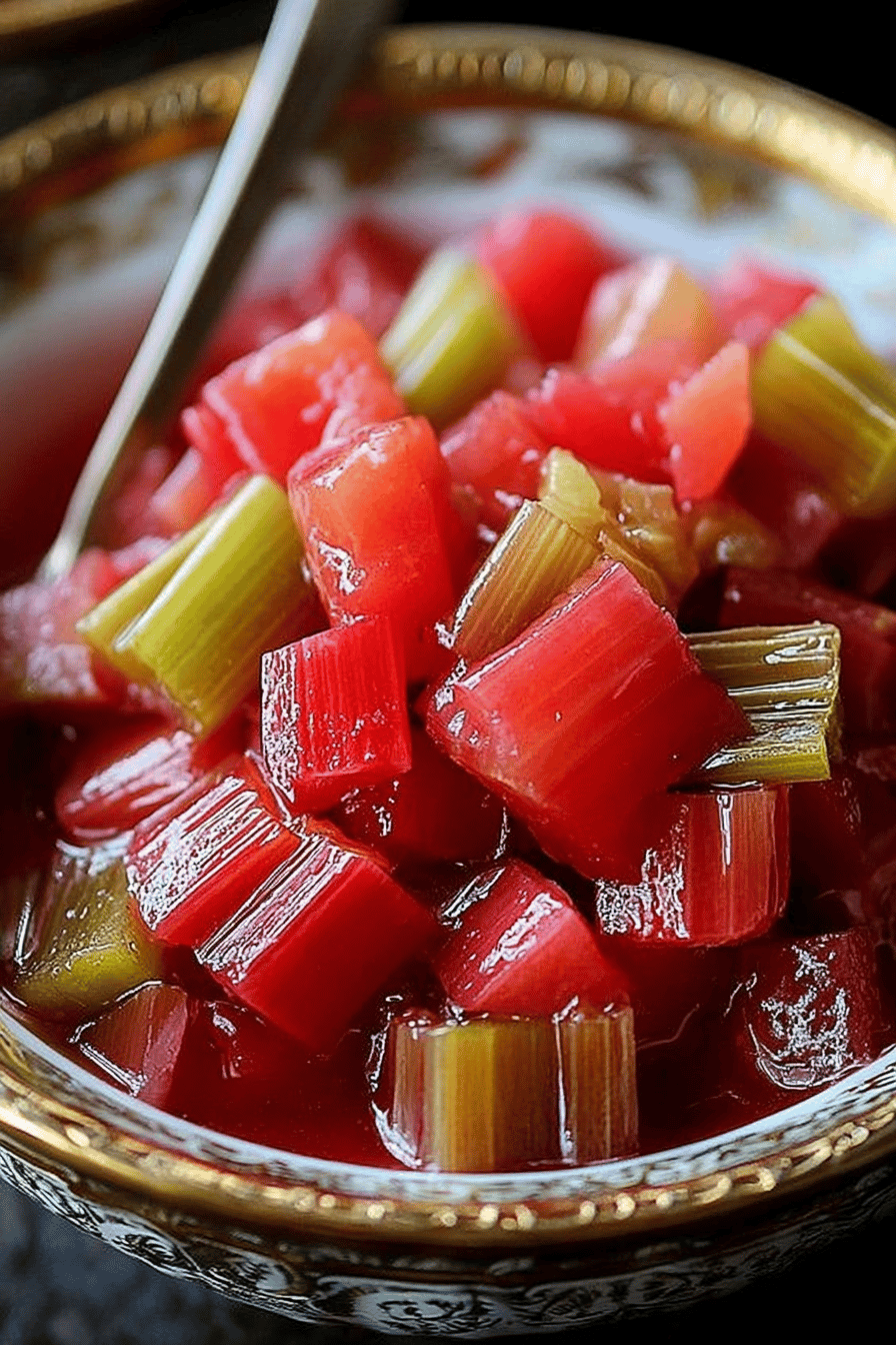 Sweet and Tangy Stewed Rhubarb Recipe slice on plate showing perfect texture and swirl pattern