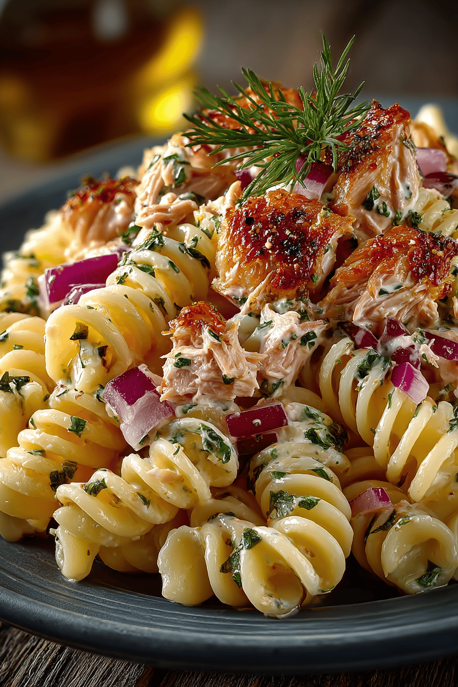 Tasty Tuna Pasta Salad Recipe slice on plate showing perfect texture and swirl pattern