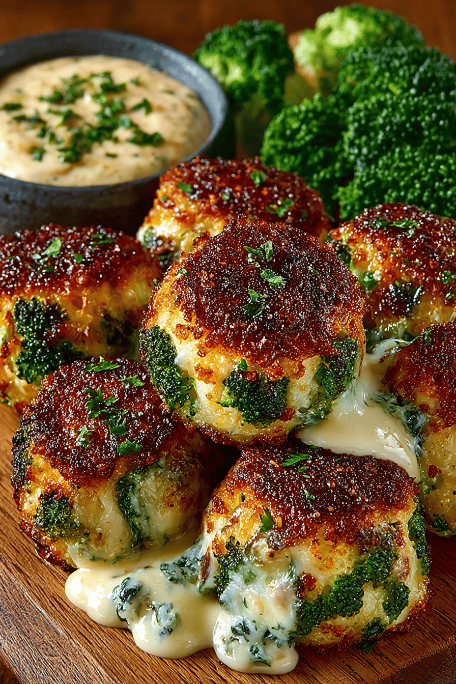 Title Delicious Broccoli Cheese Balls Recipe slice on plate showing perfect texture and swirl pattern