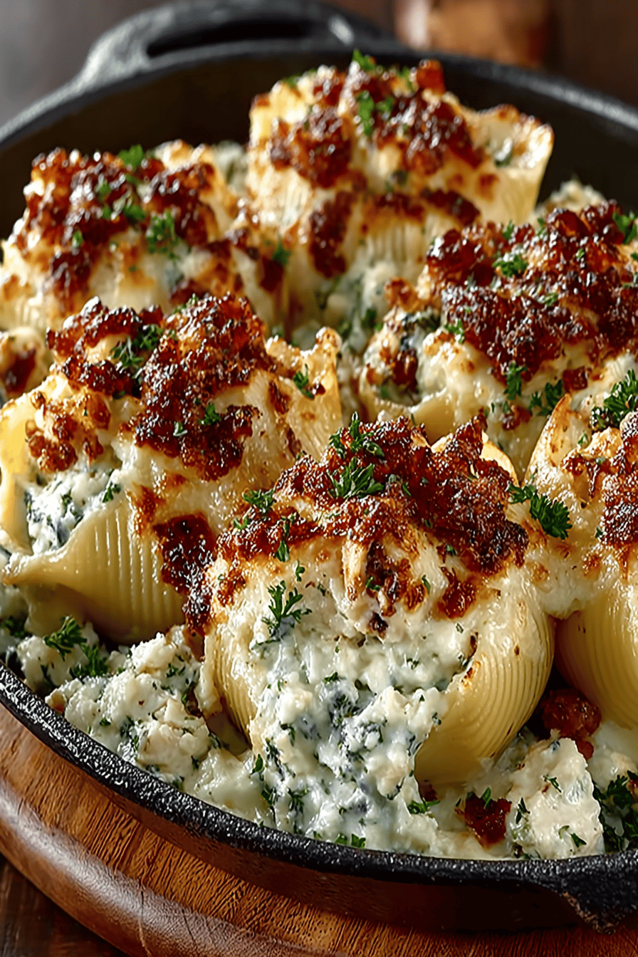 Title Million Dollar Chicken Alfredo Stuffed Shells Recipe slice on plate showing perfect texture and swirl pattern