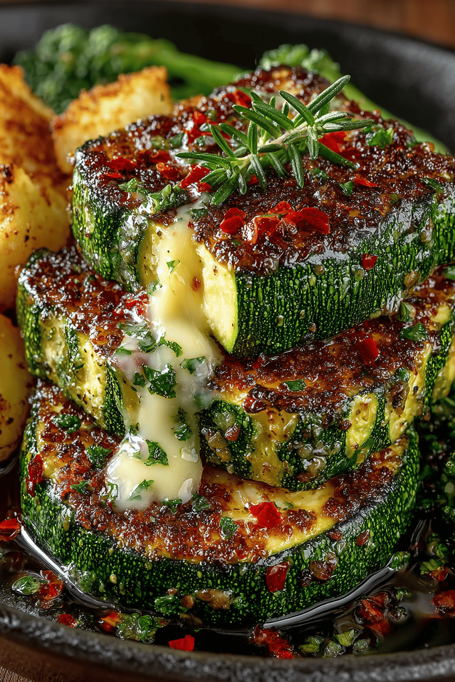 Title Savory Cheesy Garlic Zucchini Steaks Recipe ingredients organized and measured on kitchen counter