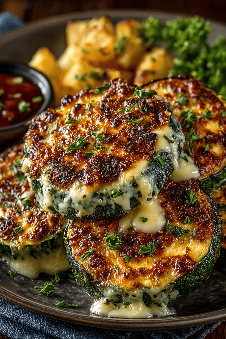 Title Savory Cheesy Garlic Zucchini Steaks Recipe slice on plate showing perfect texture and swirl pattern