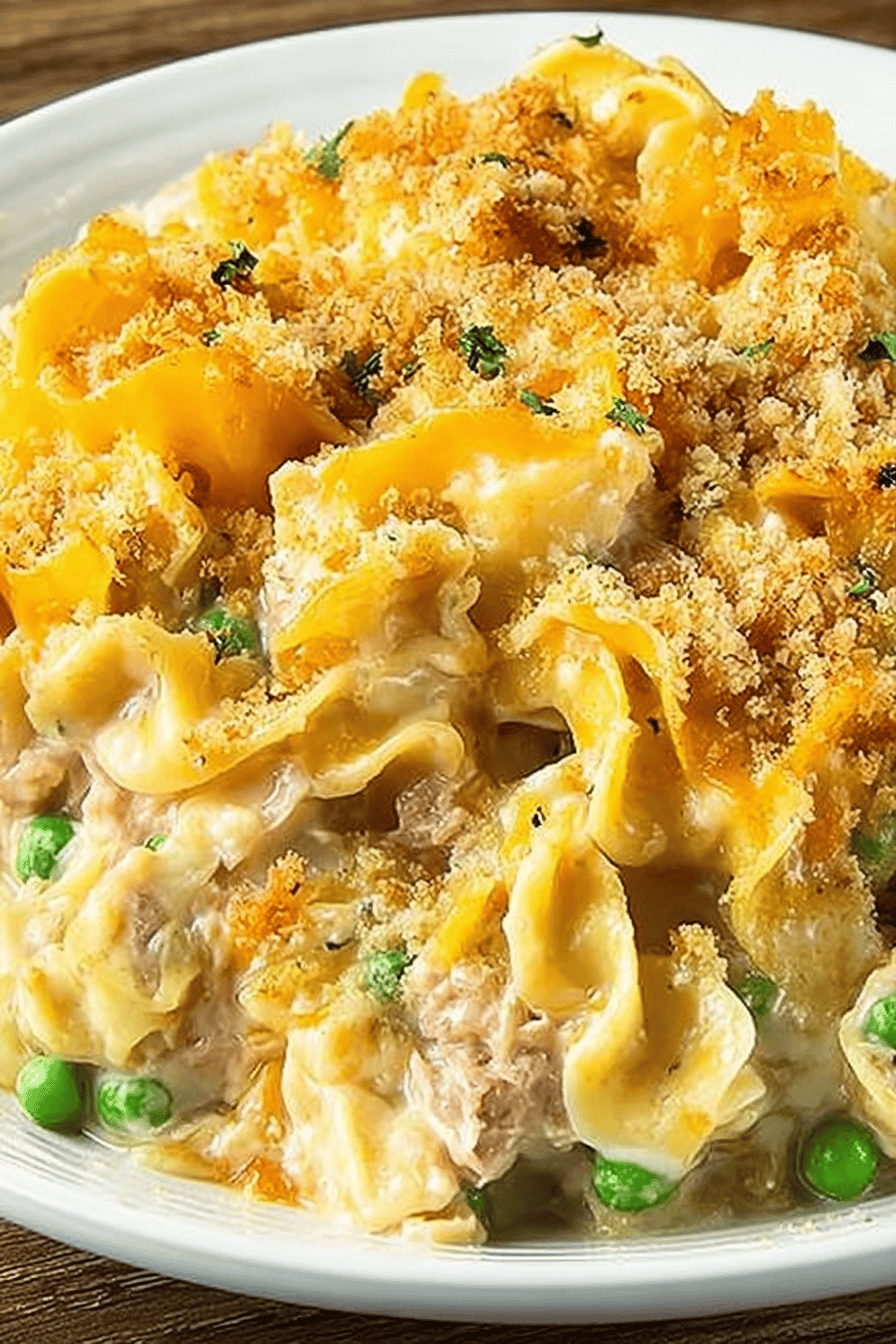 Tuna Noodle Casserole Recipe slice on plate showing perfect texture and swirl pattern