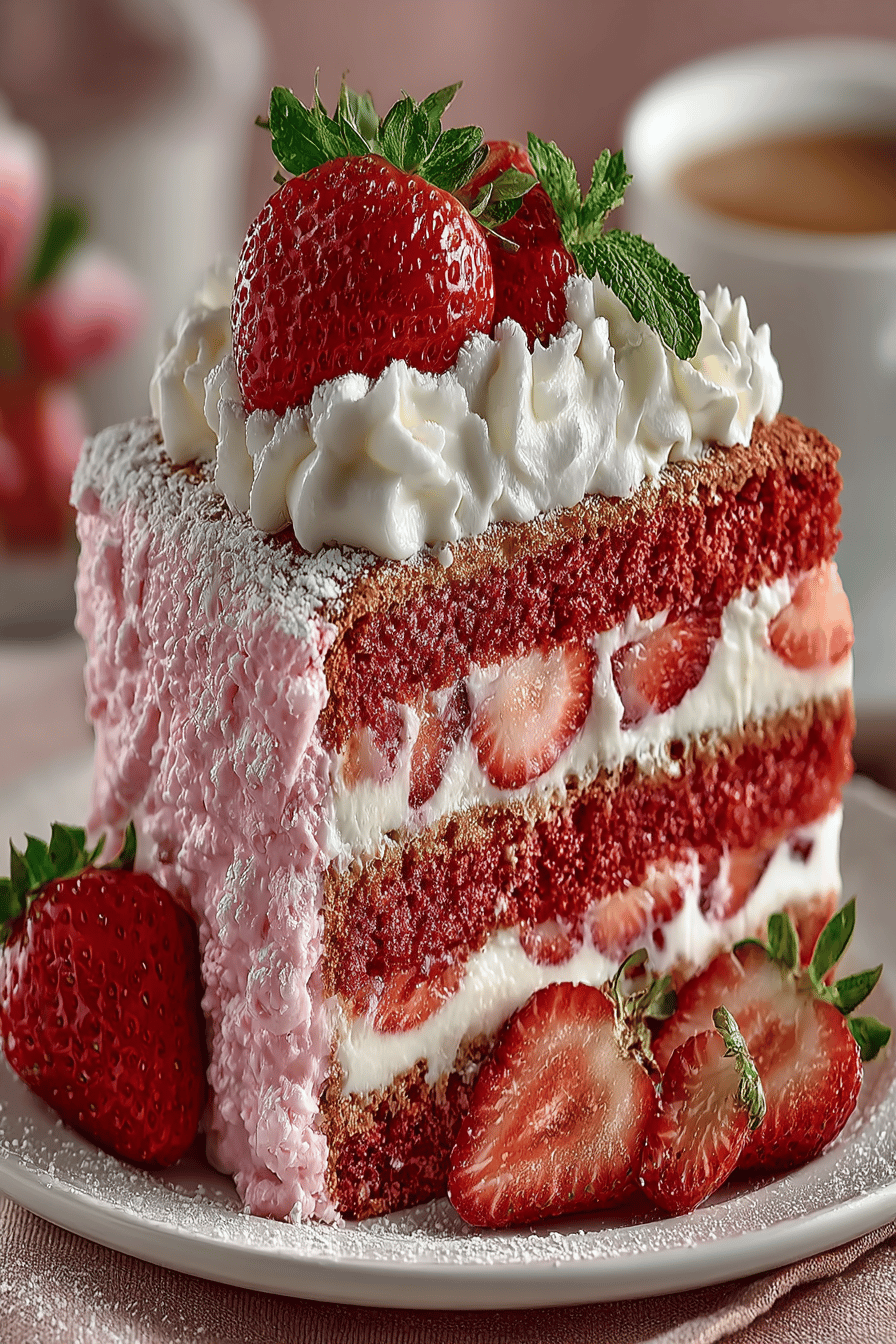 Ultimate Strawberry Cake Recipe slice on plate showing perfect texture and swirl pattern
