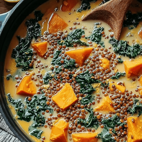 Vegan Ginger Sweet Potato Stew with Coconut Milk, Lentils, and Kale Recipe