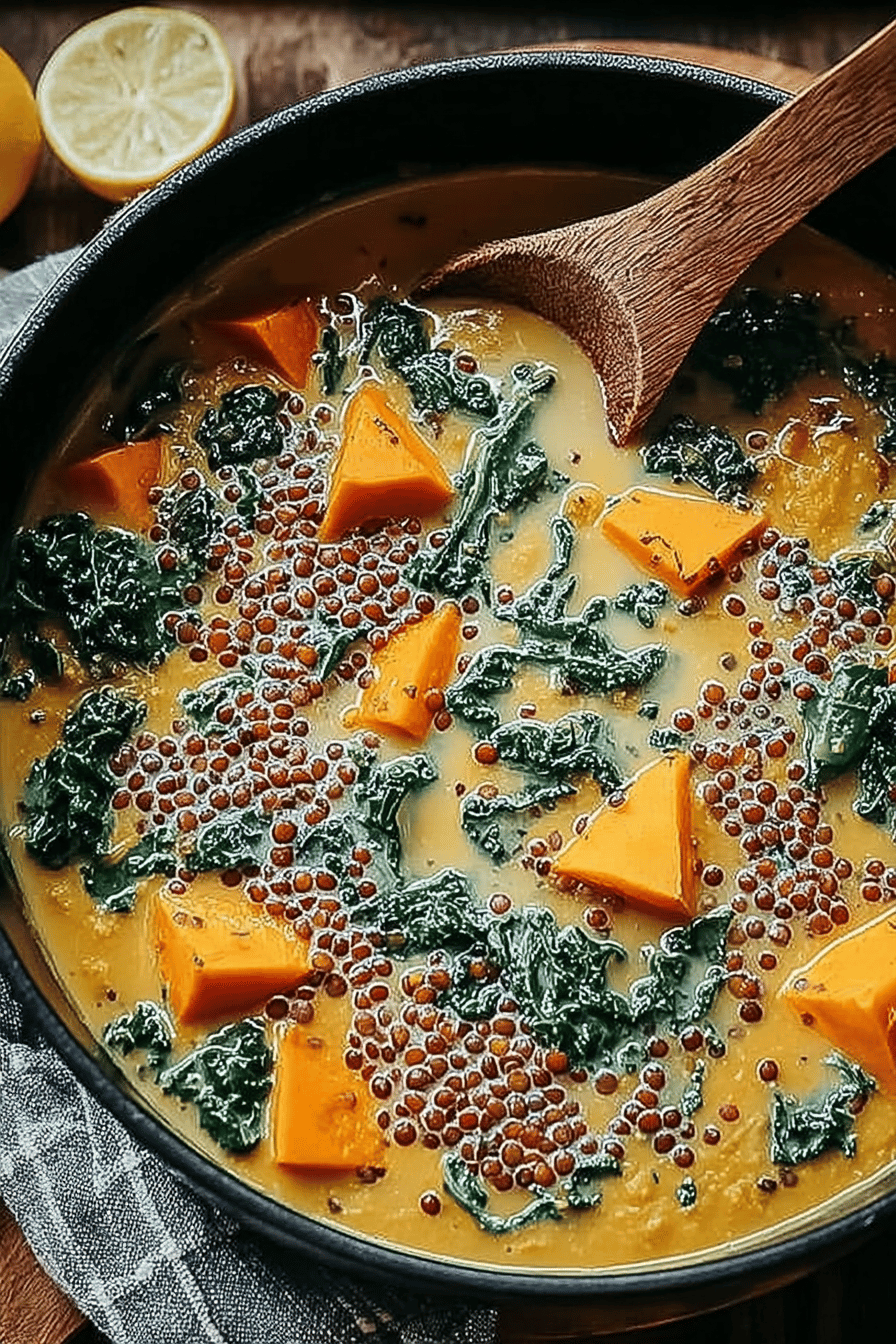 Vegan Ginger Sweet Potato Stew with Coconut Milk, Lentils, and Kale Recipe