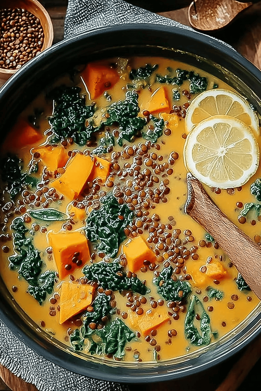 Vegan Ginger Sweet Potato Stew with Coconut Milk, Lentils, and Kale Recipe ingredients organized and measured on kitchen counter