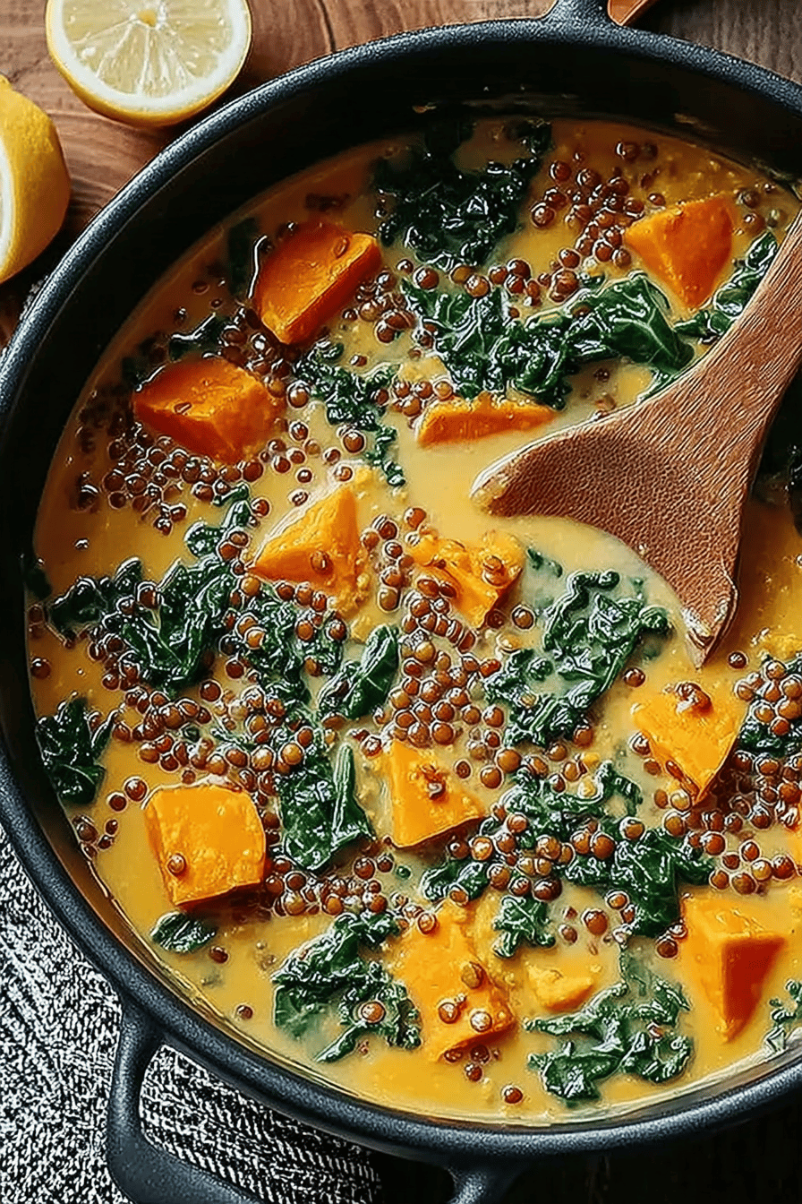 Vegan Ginger Sweet Potato Stew with Coconut Milk, Lentils, and Kale Recipe final dish beautifully presented and ready to serve