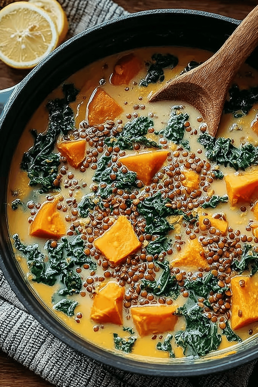 Vegan Ginger Sweet Potato Stew with Coconut Milk, Lentils, and Kale Recipe slice on plate showing perfect texture and swirl pattern