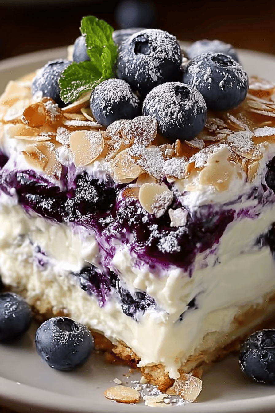 White Chocolate Blueberry Lasagna Recipe slice on plate showing perfect texture and swirl pattern