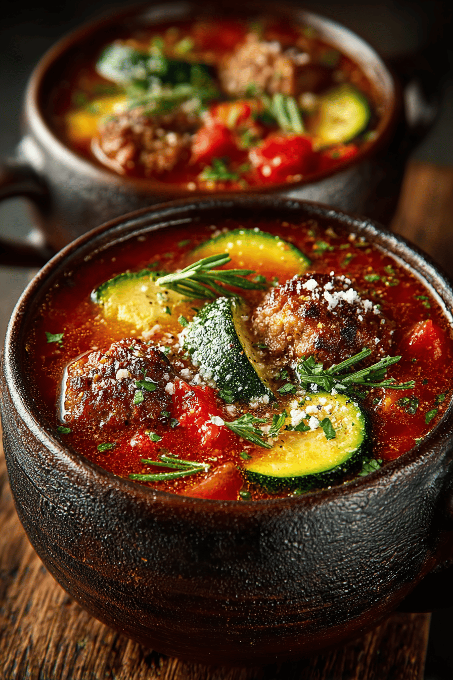 Zucchini, Tomato, and Italian Sausage Soup Recipe ingredients organized and measured on kitchen counter