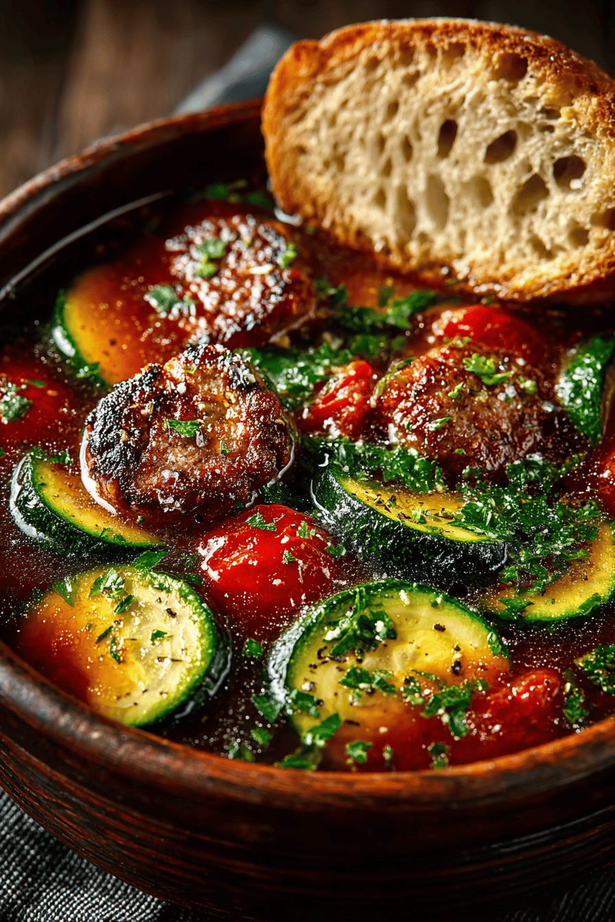 Zucchini, Tomato, and Italian Sausage Soup Recipe final dish beautifully presented and ready to serve