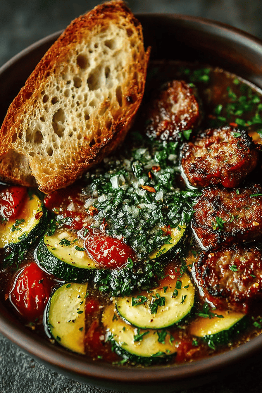 Zucchini, Tomato, and Italian Sausage Soup Recipe slice on plate showing perfect texture and swirl pattern